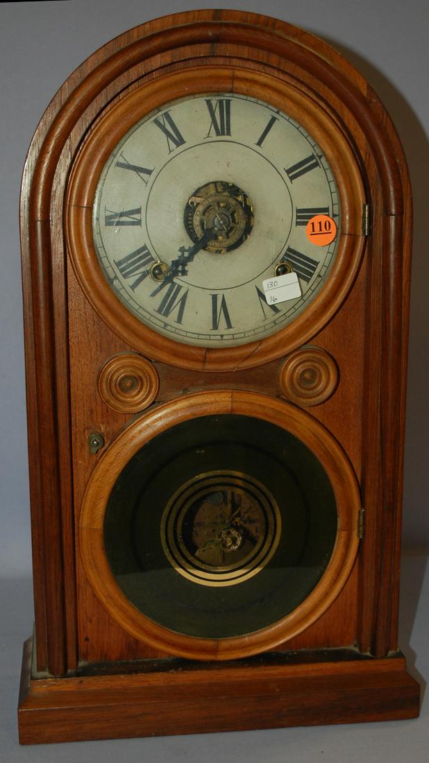 Antique Ingraham Venetian Mantle Clock: Antique Ingraham Venetian Mantle Clock: painted wood dial, signed T&S movement, Rosewood case, 2pc door w/ reverse painting. 18 1/4" x 10 1/2"