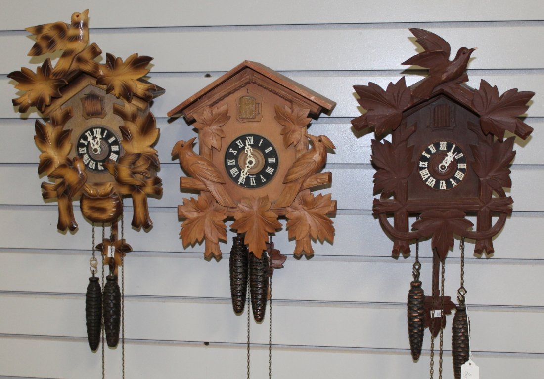 3 Carved Case Weight Driven Cuckoo Clocks: 3 Carved Case Weight Driven Cuckoo Clocks