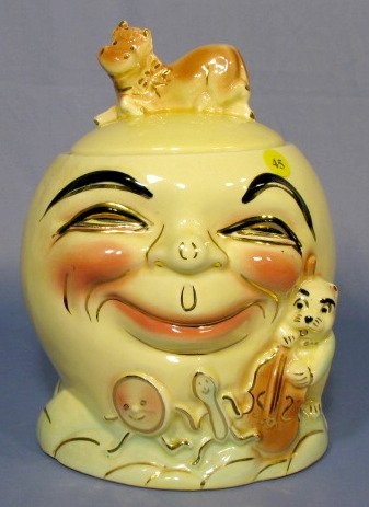 Roseville Cow Jumped Over Moon Cookie Jar: Roseville Cow Jumped Over Moon Cookie Jar: marked R.R.P. Co. Roseville, Ohio No.317. (Minor chip on ear.) 10" All items sell As Is, Where Is, no guarantees of any kind. We accept Mastercard & Visa, no