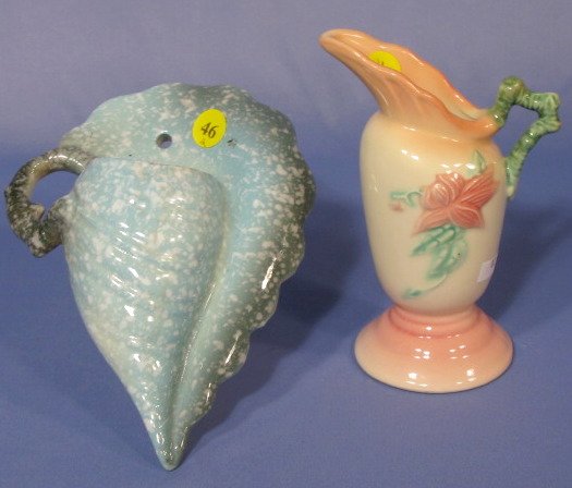 2 Hull Pottery Items: 2 Hull Pottery Items: 1.) Hull Woodland Ewer W3-5 1/2" USA, glossy pink base. 6" 2.) Hull Royal Woodland Wall Pocket W13-7 1/2" USA, blue. (Tiny chip on bottom tip.) All items sell As Is, Where Is, no