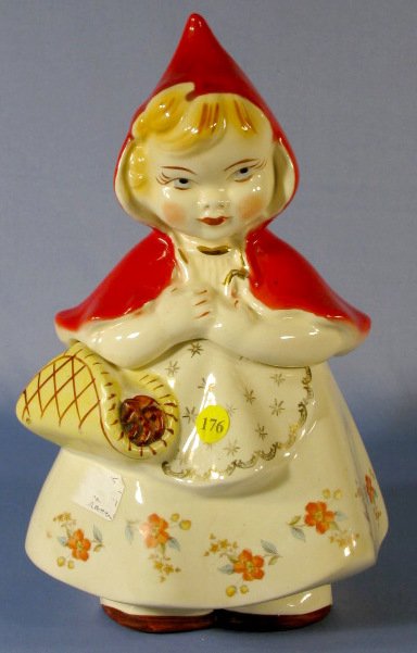 Hull Ware Little Red Riding Hood Cookie Jar: Hull Ware Little Red Riding Hood Cookie Jar: floral decal. Base marked. Old basket. (Crazed, crack in base.) 13" All items sell As Is, Where Is, no guarantees of any kind. We accept Mastercard & Visa,