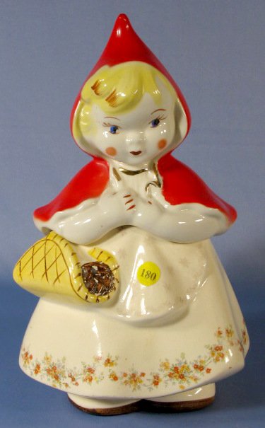 Hull Ware Little Red Riding Hood Cookie Jar: Hull Ware Little Red Riding Hood Cookie Jar 967: with wreath decal, old basket. Base marked Little Red Riding Hood Pat. Appl. For. (The tip of the hood has paint loss.) 12" All items sell As Is, Where
