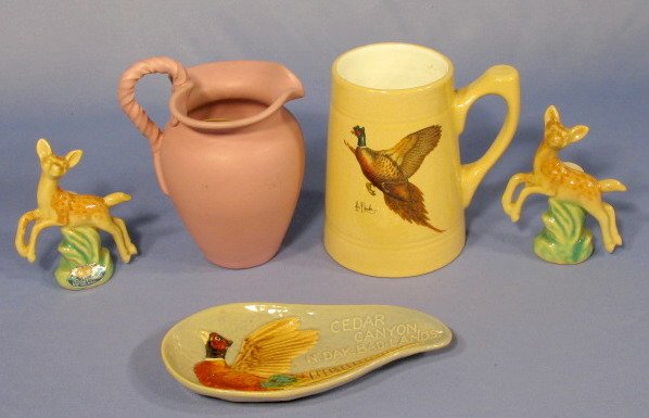 Group of 5 Rosemeade Pottery Items: Group of 5 Rosemeade Pottery Items: 1.) Pair of fawn salt and pepper shakers, paper label 4" tall, no condition problems. 2.) Pink glaze pitcher with twist handle, paper label, marked North Dakota Ros