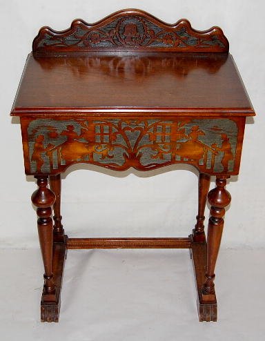 Walnut Deco Silhouette Carved Vanity: Walnut Deco Silhouette Carved Lift Top Vanity: with mirror and inside light fixture. Nice carvings. (Minor surface scratches.) 36" T x 25 1/2" W x 16" D All items sell As Is, Where Is, no guarantees o