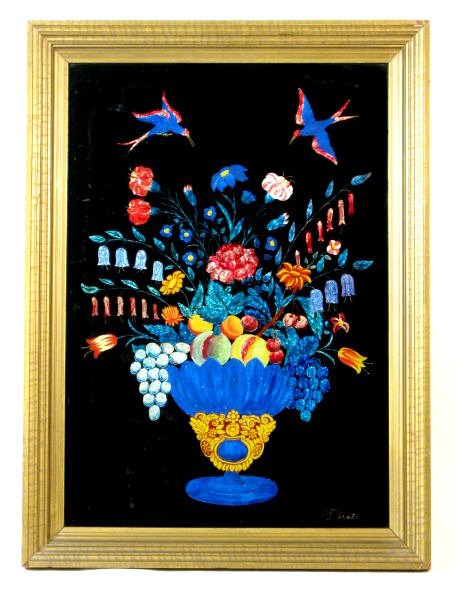 F. Pranter Reverse on Glass Theorem: F. Pranter Reverse on Glass Theorem: depicted in vivid colors is a vase filled with fruits and flowers. Above that is a pair of exotic birds. Some foil backing was used. Signed F. Pranter in the lower