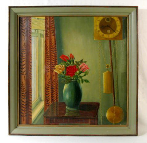 Alex McLeay Still Life Painting on Canvas: Alex McLeay Still Life Painting on Canvas: shown is a window with leaf decorated maroon drapes. A wood stand with a bluish green vase holding a few roses. On the green wall is a clock with weight and