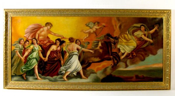 Painting on Canvas- Angels & Chariot: Painting on Canvas- Angels & Chariot: taken from an early Master, it depicts the scene of Elijah being delivered to Heaven. Not signed. No condition problems. 32" x 66" All items sell As Is, Where Is,