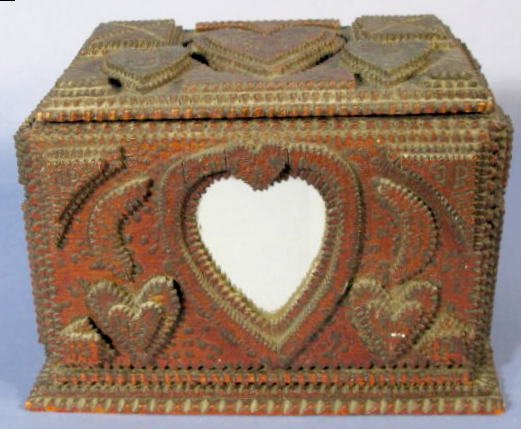 Tramp Art Heart Box Dated 1898: Tramp Art Heart Box Dated 1898: made in 5 layers, there are hearts, squares and crescent shapes. A heart shaped mirror is on the front. The initials J.P. are found in several places. A large heart on 