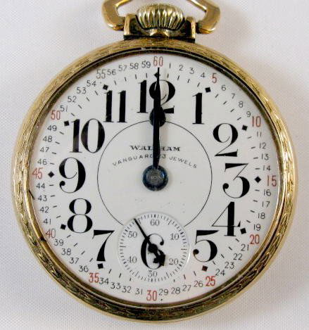 Waltham Vanguard 23J 16S Pocket Watch: Waltham Vanguard 23J 16S Pocket Watch: open face, lever set. Serial no.27709272, adjusted 6 positions. In a yellow Keystone Victory, rolled gold plate case numbered 4840599. The dial looks good. (The