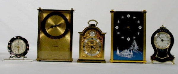 Group of 5 Miniature Clocks: Group of 5 Miniature Clocks: 1.) German Sheffield with alarm, 2 3/8" tall and running at this time 2.) Le Coultre Le Petite Diligence No.2160. Engraved Ednas Bert 1908-1958. With music box, 5" tall (N