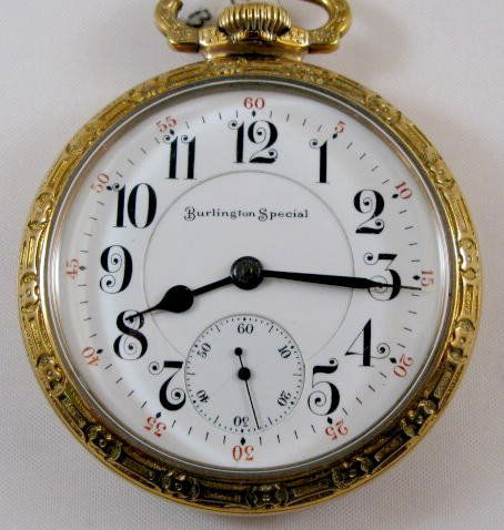 Burlington 19J 16S Pocket Watch: Burlington 19J 16S Pocket Watch. No.2525818, adjusted temp. In a yellow, gold filled, I.W.C. Co. Supreme case No.9088073. (The dial has a short hairline and a faint line across the seconds dial, it is