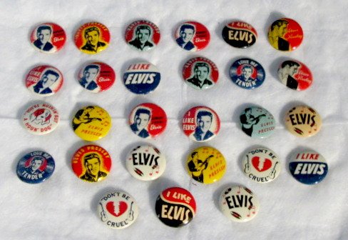 Group of 27 1956 Elvis Presley Pinback Buttons: Group of 27 Elvis Presley Pinback Buttons: original 1956 depicting Elvis, 1 like Elvis or song titles from that period. 3/4" diameter Mostly no condition problems. All items sell As Is, Where Is, no g