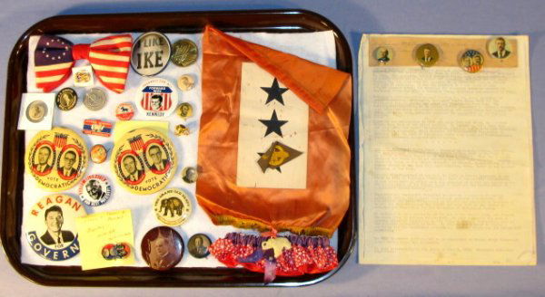 Group of 25+ Collectible Political Items: Group of 25+ Political Items: Buttons include William McKinley, Bryan, Theodore Roosevelt, Taft 2.) 2 Wilson and Marshall jugates 3.) 2 large Stevenson/Kefauver pins, Reagan governor, and other misc.
