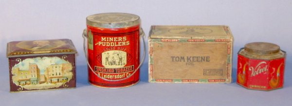 Group of 4 Tobacco Advertising Items: Group of 4 Tobacco Items: 1.) Tom Keene Cigar Box (Edges worn.) 2.) Augustus Teetgen 1834-1934 Bishopsgate (Scratches and pitted.) 3.) Miners and Puddlers, Milwaukee Humidor Lid (Scratches and pitting
