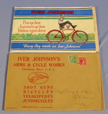 2 Paper Iver Johnson's Cycle Pamphlets: Group of Paper Items: Iver Johnson's Bicycles & Velocipedes pamphlet 1928 in color; Shotgun & Arms pamphlets included in envelope, mailed to Eldora, Iowa. 6 1/2" x 9 1/2" All items sell As Is, Where I
