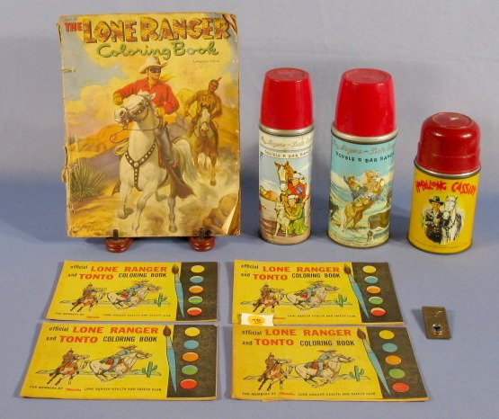 10 Hopalong, Roy Rogers & Lone Ranger Items: 10 Hopalong, Roy Rogers & Lone Ranger Items: 1.) Roy Rogers and Dale Evans thermos, 20F, complete. 2.) Roy Rogers and Dale Evans thermos, 21F, no cap. 3.) Hopalong Cassidy thermos by Aladdin 4.) Hopal