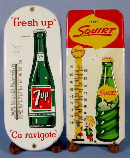 2 Soda Pop Advertising Thermometers: Squirt & 7Up: 2 Soda Pop Advertising Thermometers: 1.) "Enjoy Squirt" tin litho thermometer, 1961 (As is) 13" 2.) "Fresh Up with 7Up" thermometer "Ca Ravigote" (Thermometer is broken.) 14 1/2" tall All items sell A