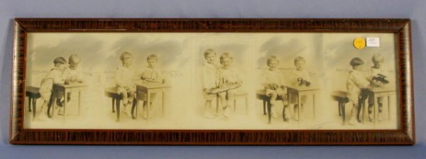 Apgar Studios Children's Photo Strip: Apgar Studios Children's Photo Strip: strip of 5 photos of 2 small boys with various toys, book, toy boat, toy ship; early tractor, and early car. Framed. Frame size-8 1/2" x 27" All items sell As Is,