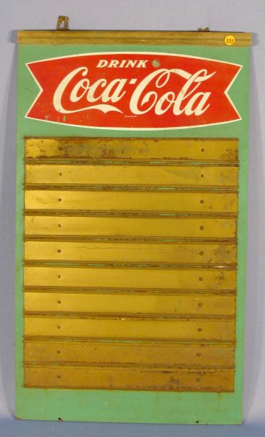 "Drink Coca Cola" Fish Tail Menu Board: "Drink Coca Cola" Fish Tail Menu Board: metal slats on wood board. (Slight paint loss and corrosion.) 29 1/2" t x 17" w All items sell As Is, Where Is, no guarantees of any kind. We accept Mastercard 
