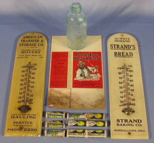 Group of Marshalltown, Iowa Advertising Items: Group of Marshalltown, Iowa Advertising Items: 1.) Wood thermometer "Strand Baking Co." 2.) Wood thermometer "American & Transfer Storage Co." 3.) Uncle Tom Health Food Ceral box flat (Mildew) 4.) "Sn