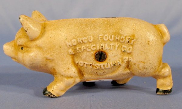 Cast Iron Advertising Pig Still Bank: Cast Iron Advertising Pig Still Bank: "Buy at Norco and Save" Pottstown, PA Foundry & Specialty Co. 6" All items sell As Is, Where Is, no guarantees of any kind. We accept Mastercard & Visa, no paypal