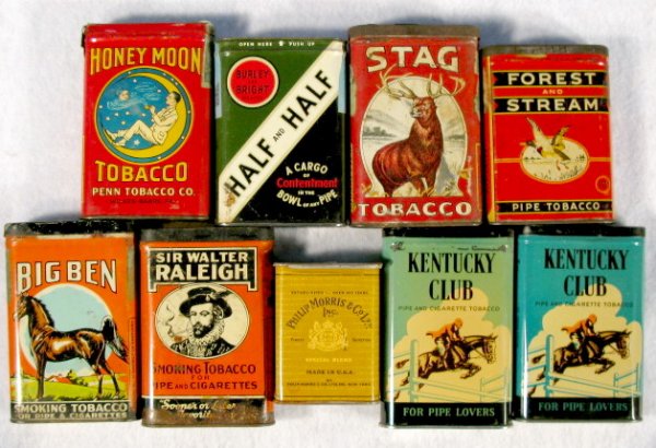 Group of 9 Advertising Pocket Tobacco Tins: Group of 9 Pocket Tobacco Tins: 1.) Honeymoon with tax stamp. 2.) Half & Half (Rust) 3.) Stag (Scratched) 4.) Forest and Stream 5.) Big Ben with tax stamp. 6.) Sir Walter Raleigh (Rusted) 7.) Kentucky