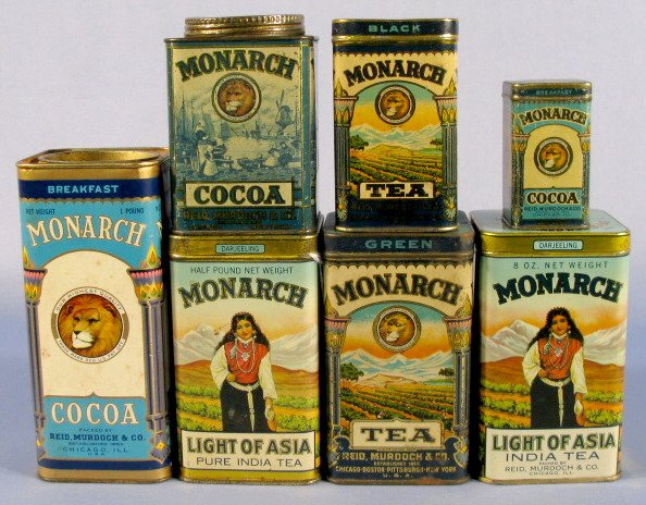 Group of 7 Monarch Tea & Cocoa Boxes, Chicago: Group of 7 Monarch Tea & Cocoa Boxes, Chicago: 1.) Cocoa 8 oz tin 2.) 1# cooa in cardboard box 3.) Green Tea tin 8 oz 4.) Black tea 4 oz tin 5.) Darjeeling 8 oz tin 6.) Darjeeling 8 oz tin 7.) Sample 