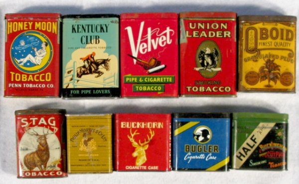 Group of 10 Pocket Tobacco Advertising Tins: Group of 10 Pocket Tobacco Tins: 1.) Union Leader with eagle medallion. 2.) Bugler 1/2 size cigarette case. 3.) Q Boid Granulated Plug (Paint loss) 4.) Buckhorn 1/2 size cigarette case. 5.) Stag with