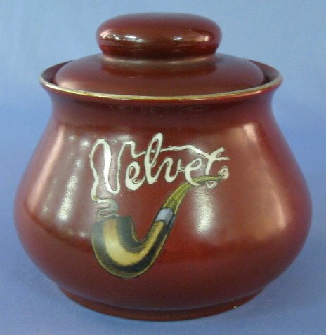 Velvet Tobacco Humidor, Warwick China Style: Velvet Tobacco Humidor, Warwick China Style: painted pipe with Velvet smoke. (Crazed base) 6" tall All items sell As Is, Where Is, no guarantees of any kind. We accept Mastercard & Visa, no paypal, no