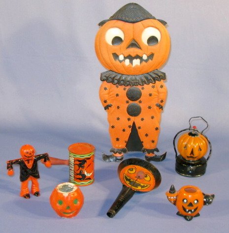 7 Halloween Collectibles, Paper Mache & Others: Group of 7 Halloween Collectibles: 1.) German tag board embossed Jack-O-Lantern full figure with stand, marked Germany. 16" tall (Creases on shoes.) 2.) Jack-O-Lantern glass lantern in metal frame, ma