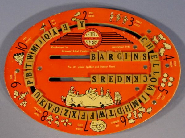 Childs Learning Toy 1940 Richmond Spelling Board: 1940 Richmond Spelling Board: oval cardboard litho and wood letter, double sided. (Slight wear to edges.) 13" wide All items sell As Is, Where Is, no guarantees of any kind. We accept Mastercard & Vis