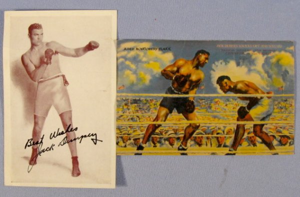 Jack Dempsey Boxing Postcards, Willard Knock Out: 2 Jack Dempsey Boxing Postcards: 1.) Color picture "Jack Dempsey Knocks out Jess Willard 1919 and Becomes Champion of the World" from restaurant in NYC. 2.) Photo card "Best Wishes Jack Dempsey" from