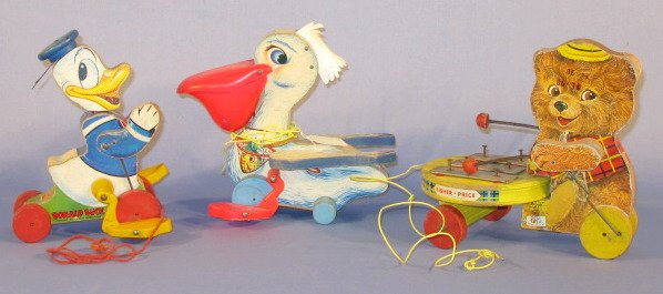 Group of 3 Fisher Price Pull Toys: Group of 3 Fisher Price Pull Toys: 1.) 794 Pelican 2.) Teddy Zilo (Edge paper loss.) 3.) 765 Donald Duck (1 foot is cracked.) All items sell As Is, Where Is, no guarantees of any kind. We accept Maste