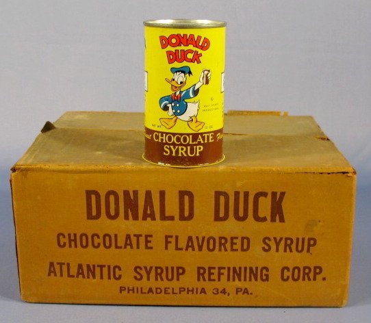 Donald Duck Chocolate Flavored Syrup Case & Cans: Donald Duck Chocolate Flavored Syrup Case & Cans: 12 opened cans, Philadelphia PA. Co. Plus 1 more 15 oz. can, colorful tin litho. (Cardboard box is soiled.) All items sell As Is, Where Is, no guarant