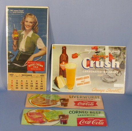 4 Litho Paper Advertising Items: 4 Litho Paper Advertising Items: 1.) 1956 Coca Cola Corned Beef Sandwich sign 2.) 1958 Coca Cola Liverwurst Sandwich sign, with 22" inserts 3.) 1947 Royal Crown Cola calendar with Joan Caulfield (Nov,