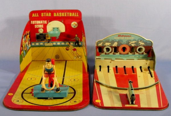 Marx Basketball Game & Wolverine Shooting Gallery: 2 Tin Litho Games: 1.) Marx All Star Basketball game, with scoreboard. (No ball. Foxing and dents.) 22" x 12 1/2" 2.) Wolverine Shooting Gallery (Corrosion, no balls or target symbols.) 18" x 10" All 