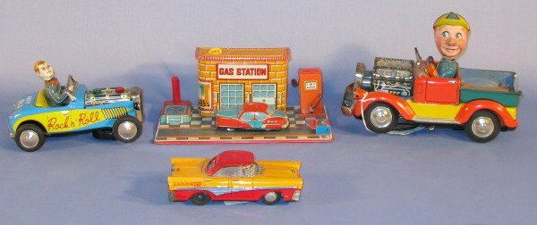 4 Vintage Tin Litho Toy Autos, Fairlaine 500: Group of 4 Tin Litho Toy Autos: 1.) Battery operated A-36 truck with exposed engine and moveable driver. (Foxing) 2.) Battery operated "Rock n Roll Dreamboat Hot Rod" with exposed engine, moveable dri