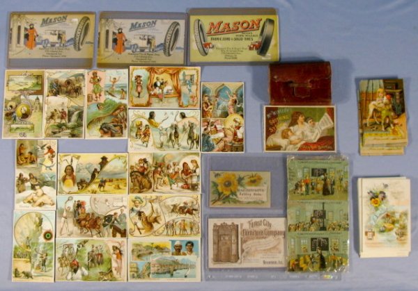 Group of 54 Advertising Trade Cards: Group of 54 Advertising Trade Cards: 1.) 11 New Home Sewing Machine cards with young girl and dog. 2.) 19 New Home Sewing Machine cards with pansies and fishing scenes. 3.) 3 Mason Tires Hammond Tire 