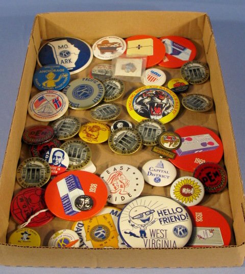 Group of 40 Collectible Pin Back Buttons: Group of 40 Collectible Pin Back Buttons: this group covers areas from Des Moines, IA to Anchorage, Alaska; advertising buttons for Quality Dairy with Hop A Long Cassidy and Kleenex; a few political a