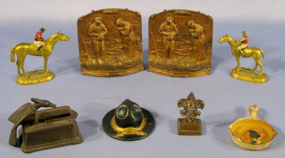 Group of 6 Figural Bookends & Paperweights: Group of 6 Figural Bookends & Paperweights: 1.) Pair cast iron Anglelus (noon prayer) bookends. 2.) Cast iron bird match stick holder with sticker on bird's back, 4 1/4" L 3.) Cast iron military hat p
