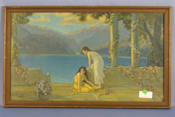 Borin Vivitone Grecian Patio Print: Borin Vivitone Grecian Patio Print: colorful print of Grecian patio with 2 women, one on a cheetah rug; original frame. (Frame worn.) 16" x 25 1/2"2 Wallace Nutting Framed Prints: 1.) "Winding The Old