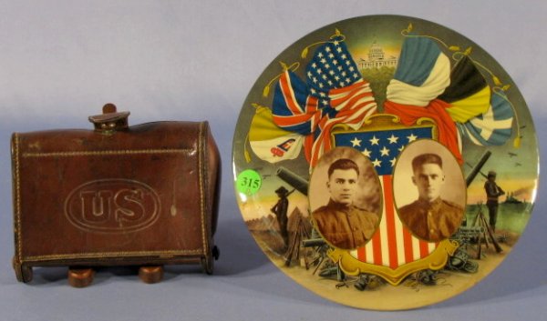 Pictoral Military Frame & Leather U S Belt Pouch: Pictoral Military Celluloid Round Button Style Standing Frame & US Leather Belt Pouch: 1.) Frame with 2 soldier photos, military flags, US Capitol is in the background, 9" 2.) US Leather Belt 20 round
