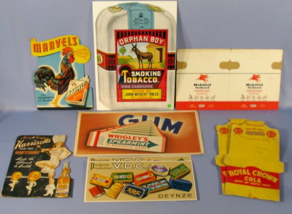 Tobacco, Gum, Soda & Other Advertising Signs: 9 Litho Tagboard Advertising Signs, Etc: 1.) Orphan Boy Tobacco Pouch sign, vacuum sealed, 19" 2.) "Wrigley's Spearmint Gum" sign 436-A, 21" (Edges worn) 3.) 2 Deynze Bruxelles advertising tobacco sig