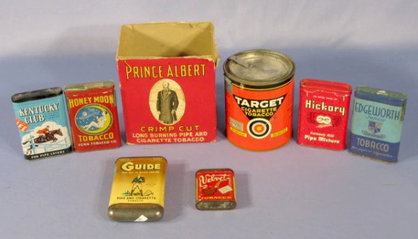 Group of 7 Tobacco Tins & 1 Paper Box: Group of Tobacco Tins: Guide; Hickory; Kentucky Club; Honeymoon; Edgeworth pocket tins; Velvet sample tin; Target can; Prince Albert paper box Crimp Cut, no lid with 6 papers 6" tall All items sell As