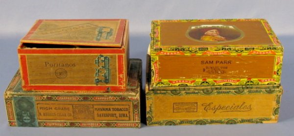 Mas-Quo-Ta, Sam Parr & Iowa Gen: Iowa Cigar Boxes: 4 Wood Cigar Boxes District of Iowa: 1.) Mas-Quo-Ta Specials, Muscatine, Iowa 2.) Sam Parr 3.) Pappoose, Davenport, Iowa 4.) Iowa Special JJ Goen, maker. All items sell As Is, Where Is, no guarantees 
