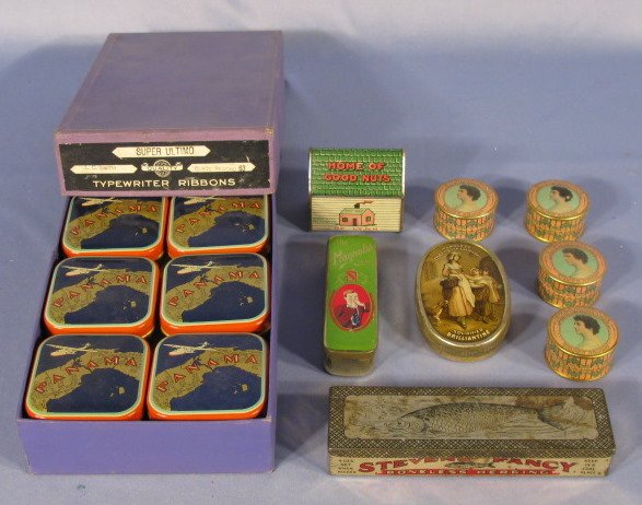 Group of Tin Litho Advertising Containers: 9 Tin Litho Containers: 1.) "The Nut House" 2 oz salted peanuts, 2 1/2" 2.) "Steven's Fancy Boneless Herring" 4 oz, Jonesport, ME, 6" 3.) Case of 12 Panama Typewriter Ribbons tin only in box 4.) Yardl
