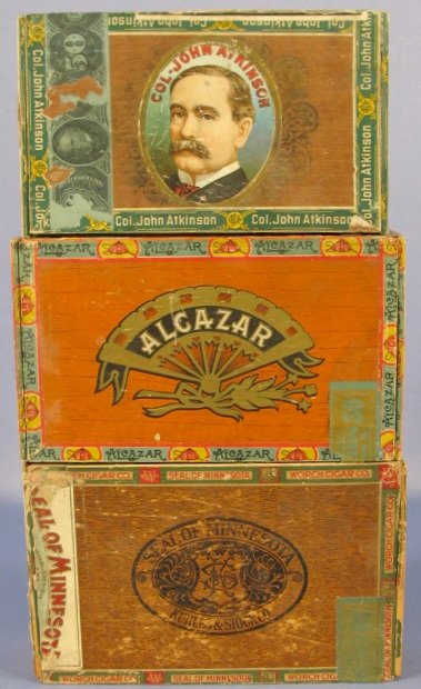 Alcazar, Minnesota & Atkinson Cigar Boxes: 3 Wood Cigar Boxes: 1.) District of Wisconsin, Alcazar, Milwaukee, WI 2.) District of Minnesota, Seal of Minnesota, St.Paul & Minneapolis 3.) Col. John Atkinson, Letts Fletcher Co., Detroit, MI All it