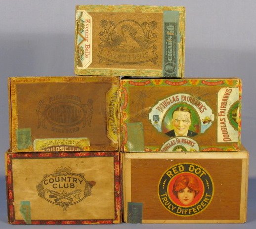 Evening Belle, Courtello, Fairbanks Cigar Boxes: 5 Wood Cigar Boxes District of Pennsylvania: 1.) Country Club 2.) Red Dot, Red Lion, PA 100 (Written on) 3.) Evening Belle 4.) Philadelphia Standard Courtello 5.) Douglas Fairbanks (Written on) All it