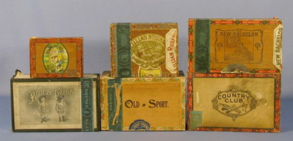 New Bachelor, Tree Cutter, Old Sport Cigar Boxes: 6 Wood Cigar Boxes District of Pennsylvania: 1.) new Bachelor Victor Thorsch Co. 2.) Country Club 3.) Lillian Russell Seindenberg & Co. 4.) Tree cutter 10 5.) Willis Twins, Allentown, PA 6.) Old Sport