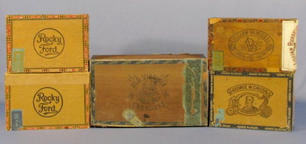 Old Virginia, Rocky Ford, L. Russell Cigar Boxes: 5 Wood Cigar Boxes District of Virginia & South Carolina: 1.) Old Virginia Cheroots 250, P. Whitlock, Richmond, VA 2.) Rocky Ford 3.) Rocky Ford 100 (Taped) 4.) Lillian Russell 5.) George W Childs, So